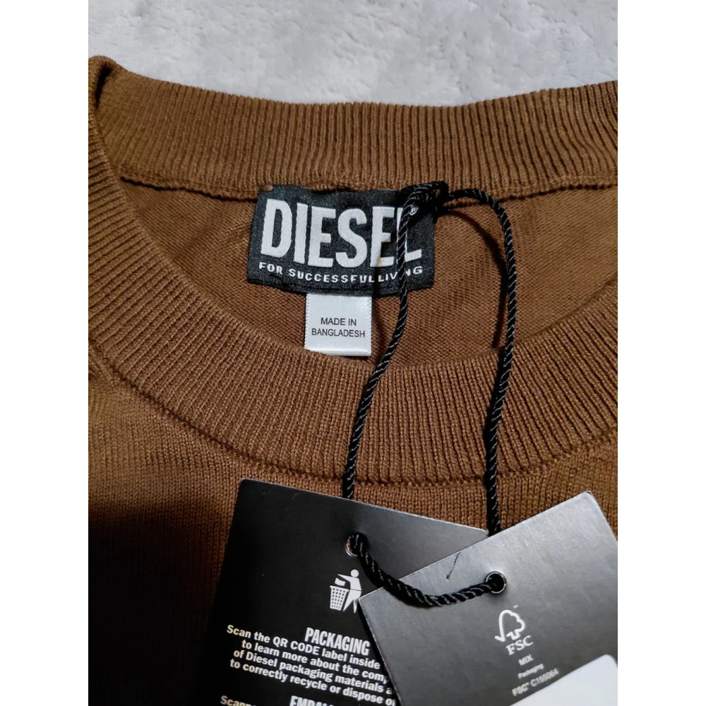 DIESEL K-FREEX-NEWPRINT KNIT Cotton Sweater Logo Patch Coffee Brown Mens XL NWT